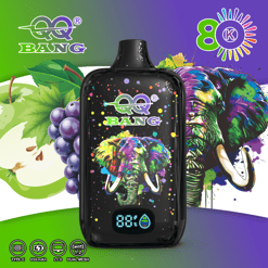 Black vape device with colorful elephant and Bang Kq branding, showing 98% battery on a purple-green background