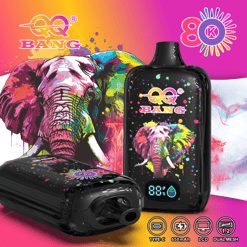 Colorful vape product graphic with QQ BANG branding, elephant artwork, and battery/mesh icons on a black device