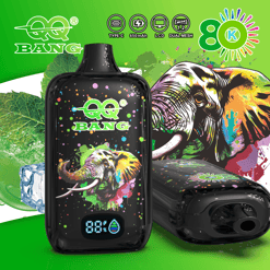 Green and black wireless ear vape device with Bang logo, screen showing 88%, and charging base with elephant and tiger graphic