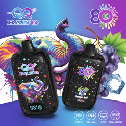 Two black vape devices with colorful graphics, “BANG” and “Grape ice” labels, on a purple background