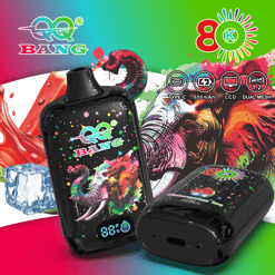 Colorful promotional graphic featuring a black two-piece vape kit with Bang logo, Type-C 650mAh and 1.2Ω mesh LQD text