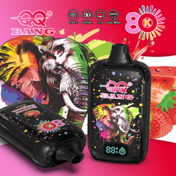 Black vape device and matching rolling tray with colorful Bang K branding and lion graphic on a vibrant background