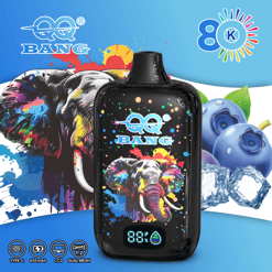 AQ BANG vape device with elephant graphic, colorful splatter background, and 80% display on a blue themed promo image