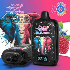 Black dual-mesh vape device with elephant “BANG” artwork, colorful bubbles, and charging icons on a bright background
