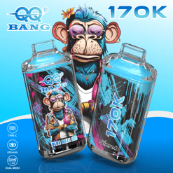 Gaming-style cartoon character with 17O k banner and two illustrated power banks labeled BLUE RAZZ ICE and TYPE-C
