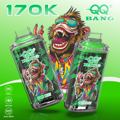 Raging cartoon lion wearing sunglasses and a colorful shirt in front of two Cool Mint vape pods, 10K Bang IQ