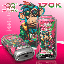 QQ Bang vaping device and e-liquid bottle with colorful cartoon monkey and text 170K and Strawberry Watermelon Ice