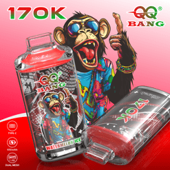 Watermelon flavored drink can and bottle with a roaring cartoon monkey, 170K and Bang logo on pink background