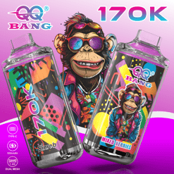 Cartoon ape wearing goggles promoting 1700q Bang vape pods with “Mixed Berries” flavor graphic