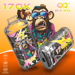 Cartoon monkey mascot wearing colorful sunglasses holding three vape devices, featuring “Bang” branding and “10K” text