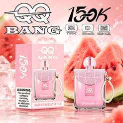 “BANG” vape product ad showing two devices with watermelon ice flavor and “15k” label, Type-C 650mAh and mesh coil icons