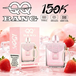 Strawberry Ice e-cigarette packaging with “15k” logo, TYPE-C, 650 mAh, and mesh coil icons, framed by strawberries