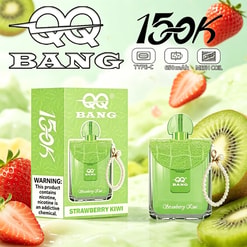 Colorful vape product ad showing “BANG” Strawberry Kiwi with Type-C, 650 mAh, mesh coil icons