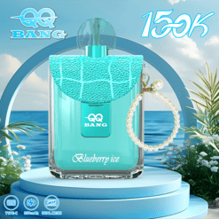Aqua-blue QQ BANG “Blueberry Ice” perfume bottle with a pearl bracelet on a pedestal by the ocean, 156k text