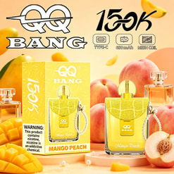 BANG Mango Peach vape packaging and two e-liquid bottles with fruit illustrations and “165k” branding