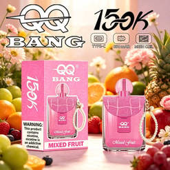 Pink “Mixed Fruit” vape packaging and device with 650 mAh and type-C icons, surrounded by colorful fruit and flowers
