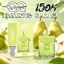 Green “15k BANG” disposable vape packaging with pear theme, showing Type-C, 650 mAh, and mesh coil features