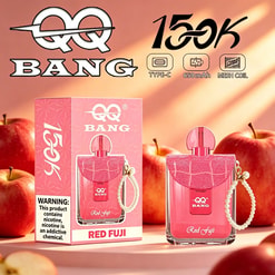 Red FuJi vape device and box with “BANG 650mAh” and “TYPE-C” icons, set against red apples background