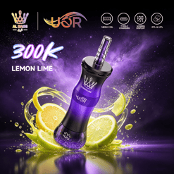 Purple vape device with lemon-lime flavor splash and “300K LEMON LIME” text on a cosmic purple background