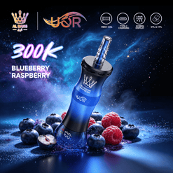 Blue e-cig vape device with a 300K label, blueberry and raspberry fruit, and tech icons on a space background