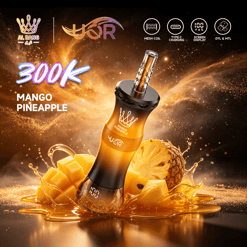 Orange vape device with charging indicators, “300K” and “Mango Pineapple” flavor text, with mango pieces and splash background