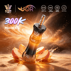Al Bang 3000 Peach Ice vape device with peach slices and glowing splash effects in space-themed background