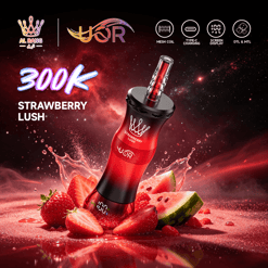 Red vaping device with Strawberry Lush text, surrounded by sliced strawberries and splash against a galaxy-red background