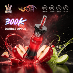 Red vape device labeled Double Apple with “300K” on a sparkling apple and lime splash background