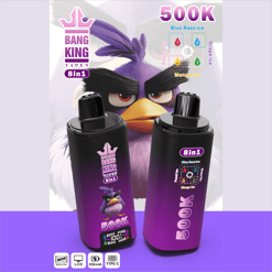 Two purple Bang King vape devices with a stylized purple bird and flavor chart, 500K 8in1 Blue Razz Ice