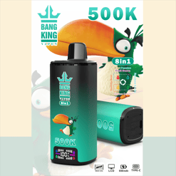 Bang King Vapen e-cig device with kiwi and orange graphics, 500K and 8in1 text on a promotional poster