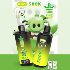 緑色の『Bang King』8-in-1 500Kベイプボトル2本と、笑顔のフルーツキャラクターをあしらったイラスト