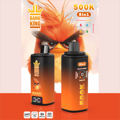 Two orange-and-black Bang King Vape 8in1 e-cig bottles with an angry bird mascot and “500K” text