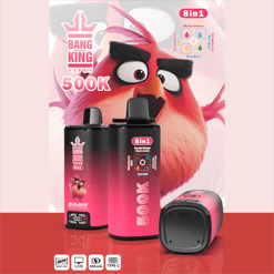 Colorful “Bang King” vape product box with a cartoon red bird and “8in1” peach mango watermelon flavor text