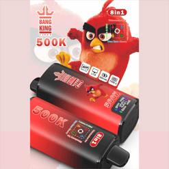 Red “Bang King” vaping device with “8in1” flavor icons and angry chicken character, 500K 5.0K on packaging