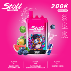 Pink Stoll Bang Leader vape pod with flavor options and icons for Triple Flavor, Type-C, 650mAh, dual mesh