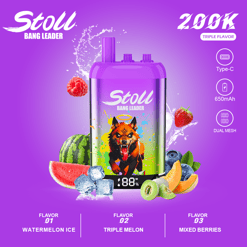 Purple “Stoll Bang Leader” vape device with flavor icons, Type-C, 650mAh, 88% and 600W text on a fruit background
