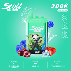 Stylish green vape device with “Stoli Bang Leader” branding, water splash, and flavor options including Blue Razz Cherry