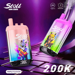 Two colorful “Stoll Bang Leader” energy vape devices with Type-C and 650mAh icons on a purple background