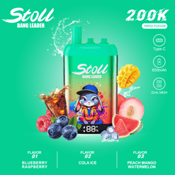 Stoli bang leader vape device ad with fruit flavors, Type-C icon, and 650mAh on a green background