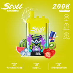 Yellow Stoll Bang Leader vape device with splash effects, Red Bull can, and fruit flavors on a bright yellow ad