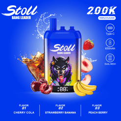 Blue vape pod labeled Stoll Bang Leader with wolf graphic, Type-C, 650mAh, dual mesh, and flavor options Cherry Cola, Strawberry Banana, Peach Berry