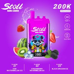 Purple Stoli Bang Leader vape device with “Triple Flavor” labels and fruit graphics on a purple background