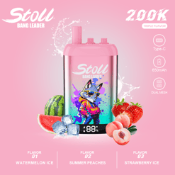 Stylish pink vaping device with splash art and labeled flavors Watermelon Ice, Summer Peaches, and Strawberry Ice