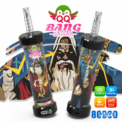 Two QQ Bang Bang Shisha vape pipes with glass mouthpieces and “8 PUFFS” battery-style icons on a colorful banner