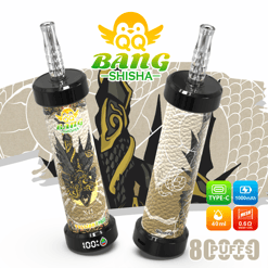 Two Bang Shisha vape devices with clear glass tubes, branded graphics, and charging icons on a white background