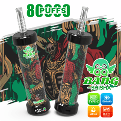 Dos vaporizadores shisha coloridos con boquillas de cristal y la marca “BANG SHISHA” sobre un fondo estilo graffiti