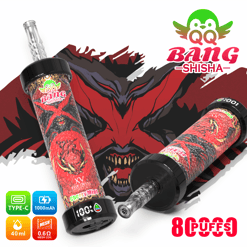 Two red “QQ BANG SHISHA” vaping bottles with black caps and dragon skull graphic background, 8 puffs text