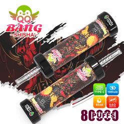 Two Bang Shisha branded disposable vape devices with glowing graphics, displayed on a colorful background