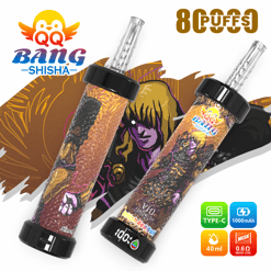 Two Bang Shisha 8-Puffs vape devices with colorful illustrated labels and “8 PUFFS” text, plus Type-C 1000mAh specs