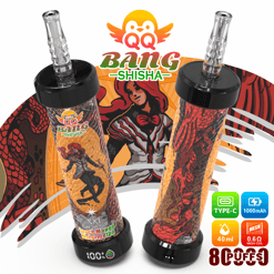 Two tall hookah shisha bottles with glowing logo and flavor graphic reading “BANG SHISHA” and “88 PUFFS”